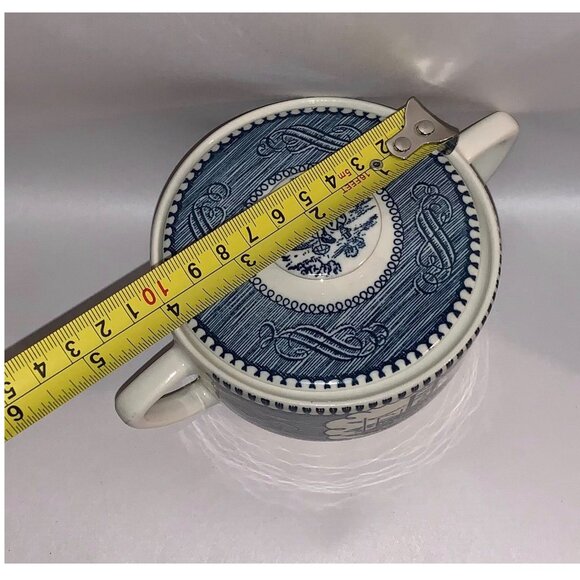 Currier & Ives Sugar Bowl & Creamer Set ~ Blue & White ~ Train Steamboat - Picture 7 of 8